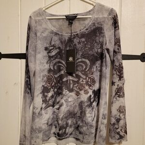 Rock & Republic Blouse Sheer Gray Rose Grunge Goth Edgy Graphic Size Medium